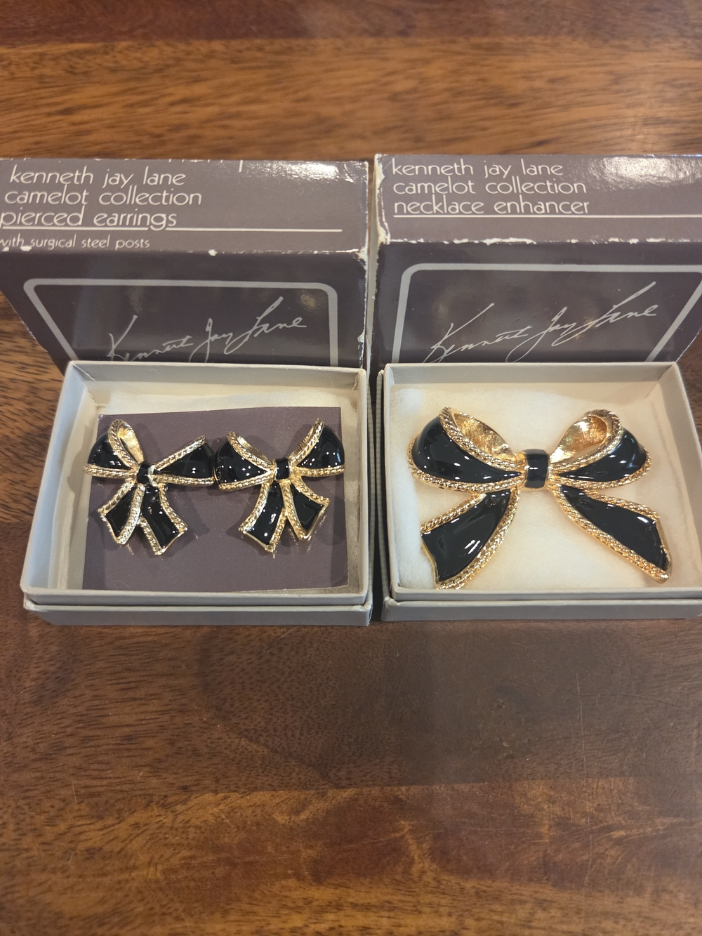Kenneth Jay Lane Black and Gold Bow Necklace Enhancer with Matching Bow Earrings